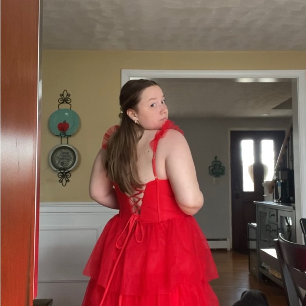 Elegant Red Ruffled Dress - Picture 3 of 4